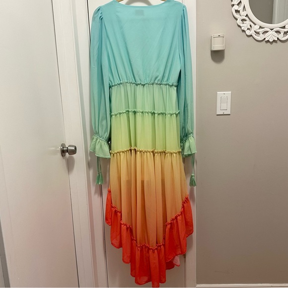 Champagne & Strawberry Rainbow Ombre Long Sleeve Tiered High Low Dress L boho - Picture 3 of 9